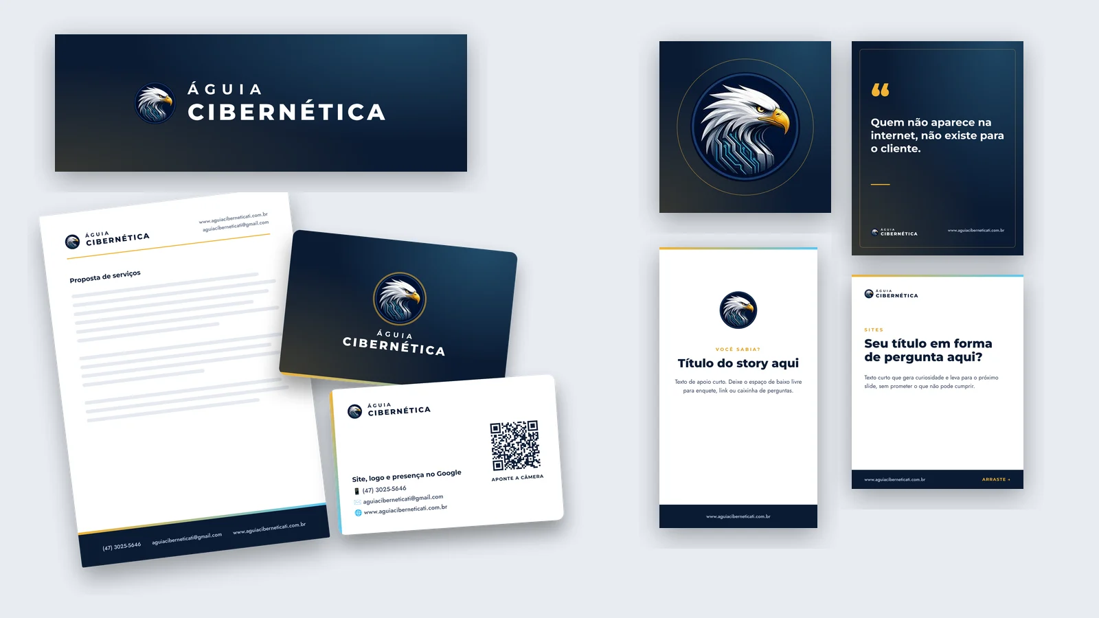 Modelo de pacote completo: logo, papel timbrado, cartão de visita, foto de perfil e posts da Águia Cibernética